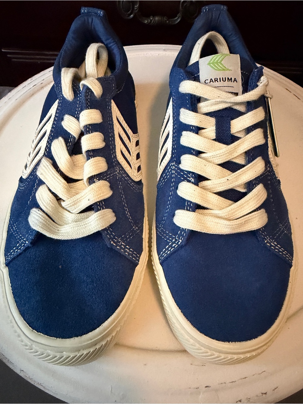 Cariuma Blue Suede Sneakers with Cream Laces